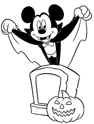 Halloween-themed Disney coloring page featuring Mickey Mouse as a vampire
