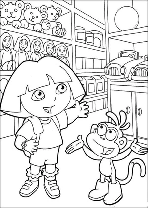 Dora and Boots at the Toy Store Coloring Page