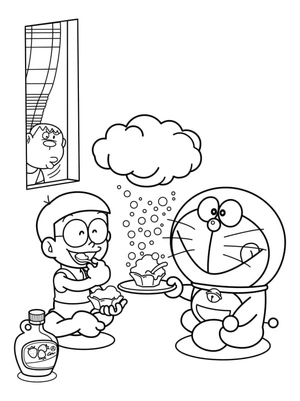 Doraemon with Cupcake Coloring Page