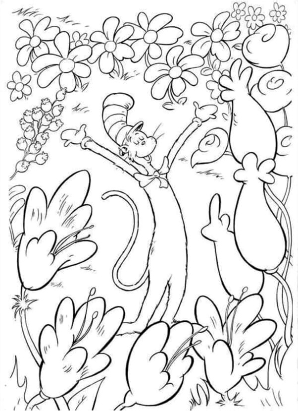 A Cat Wearing a Hat Relaxing in a Meadow of Blooms Coloring Page