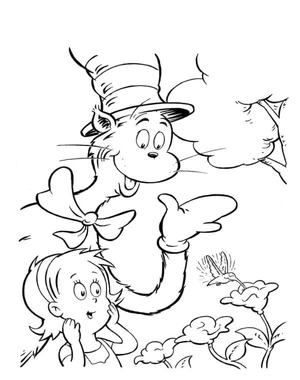 The title of the coloring page could be: "Sweet Cat in a Hat Teaching Girl About Insects" Coloring Page