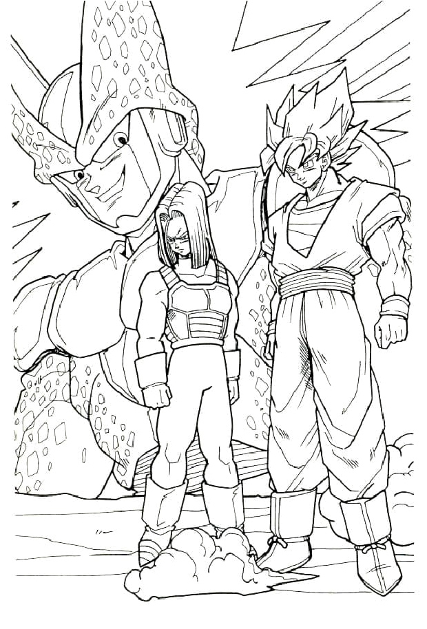 Dragon Ball Z Coloring Page featuring Android 17, Goku, and Cell Coloring Page