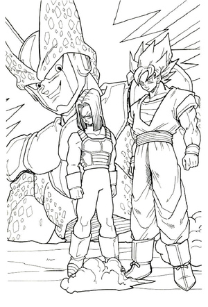 Dragon Ball Z Coloring Page featuring Android 17, Goku, and Cell