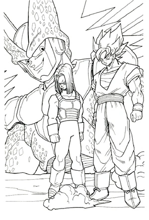 Dragon Ball Z Coloring Page featuring Android 17, Goku, and Cell Coloring Page