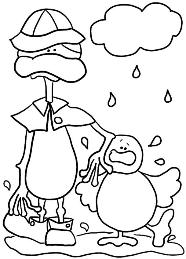 Free humorous coloring page of a Duckling in the rain Coloring Page