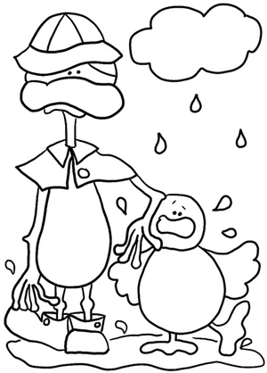 Free humorous coloring page of a Duckling in the rain Coloring Page