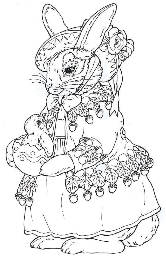 Rabbit Wearing a Hat Caring for Chick Coloring Page