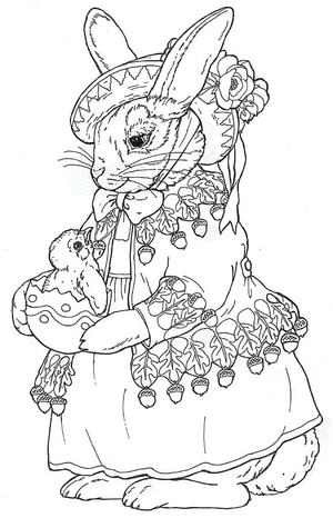Rabbit Wearing a Hat Caring for Chick Coloring Page