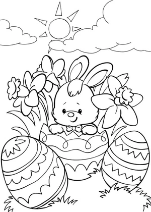 Young Rabbit Holding Easter Egg and Blooms Coloring Page
