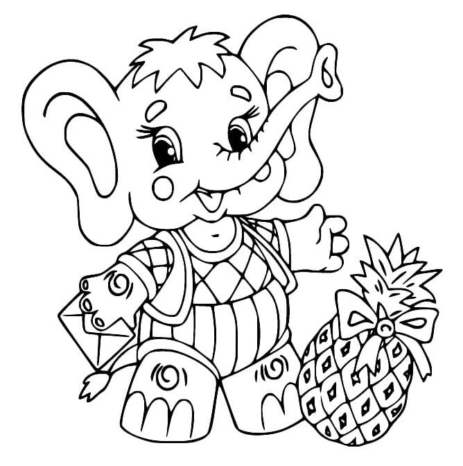 Elephant and Pineapple Coloring Page