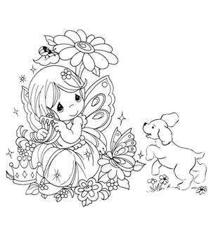 Happy Fairy and Her Dog Coloring Page