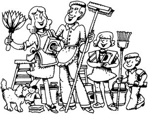 Cleaning Time with the Family Coloring Page