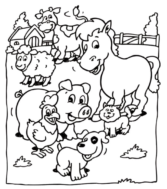 Colorful Farm Animals for Kids Coloring Page