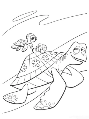 Nemo Riding on a Turtle Coloring Page