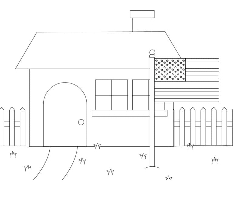 House with Flag Coloring Page Coloring Page