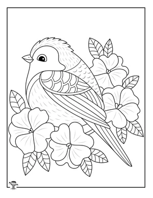 Bird and Flowers in Spring Coloring Page