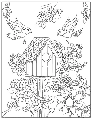 Birds, Nests, and Flowers Coloring Page