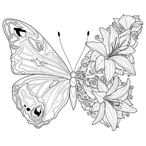Butterfly and Flowers Coloring Page