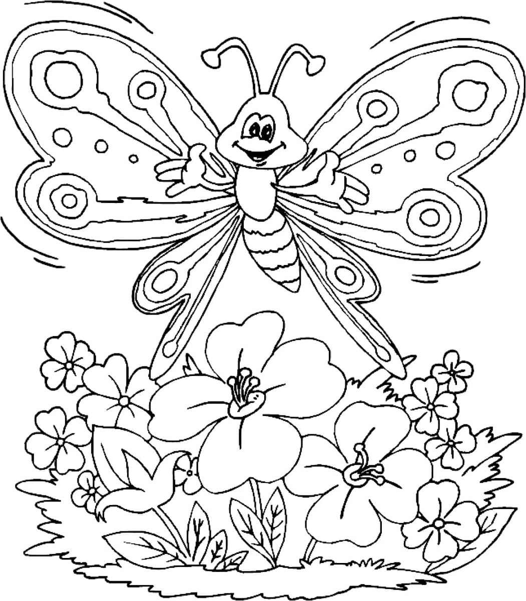 Joyful Butterfly and Blooms Coloring Page
