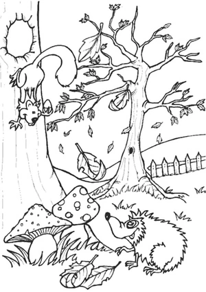 Hedgehog and Squirrel in the Forest Coloring Page