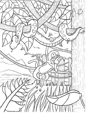 Monkeys and Snakes in the Tropical Forest Coloring Page