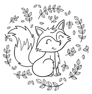 Adorable Fox with Autumn Leaves Coloring Page