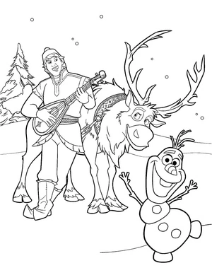 Kristoff, Sven, and Olaf from the movie Frozen Coloring Page