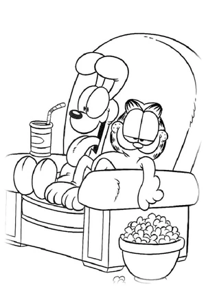 Garfield and Odie Watching TV Coloring Page