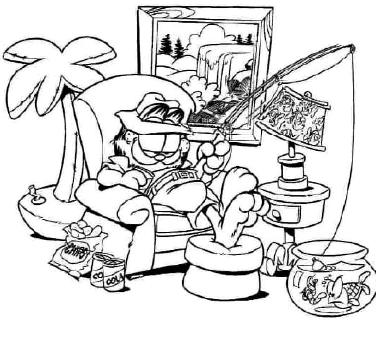 Garfield Fishing in the Aquarium Coloring Page