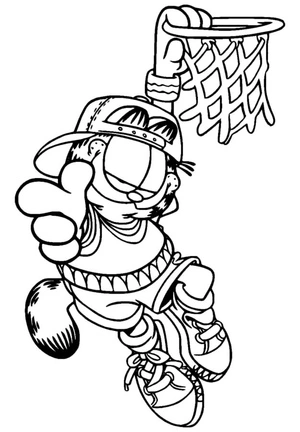 Garfield hanging from a basketball hoop on coloring page. Coloring Page