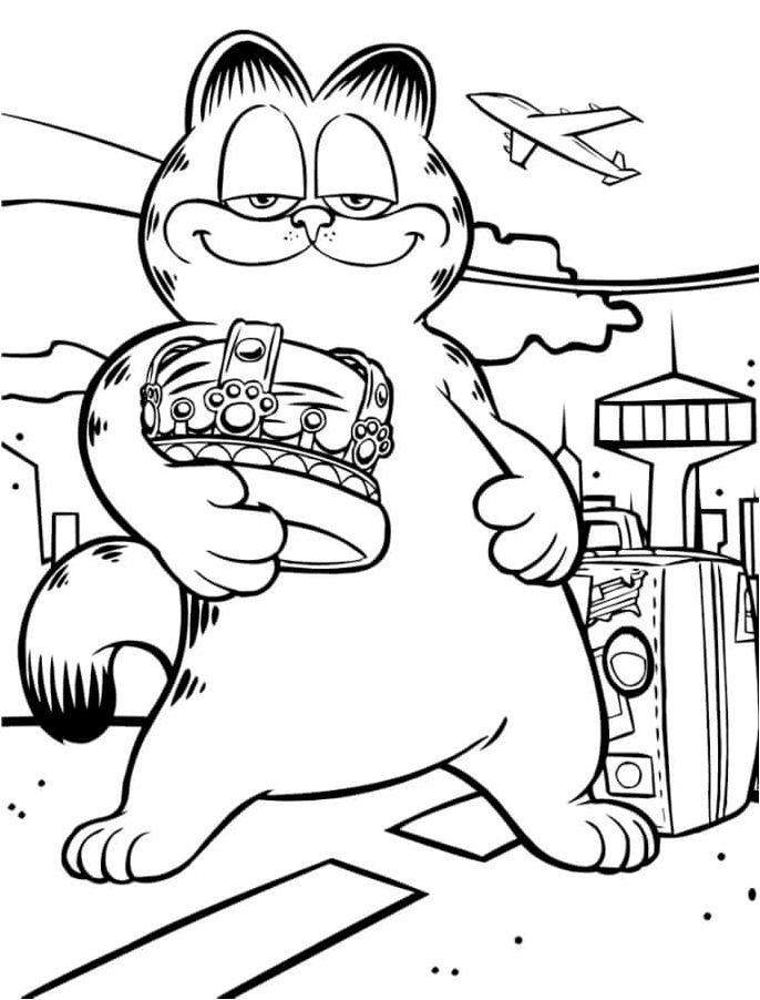 Garfield wearing a crown against the backdrop of a cityscape Coloring Page