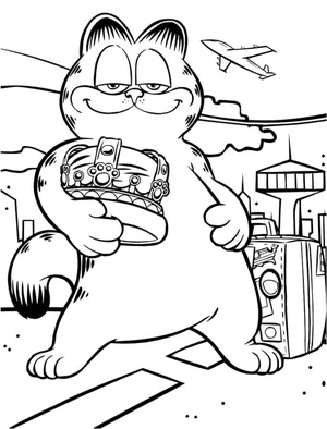 Garfield wearing a crown against the backdrop of a cityscape Coloring Page