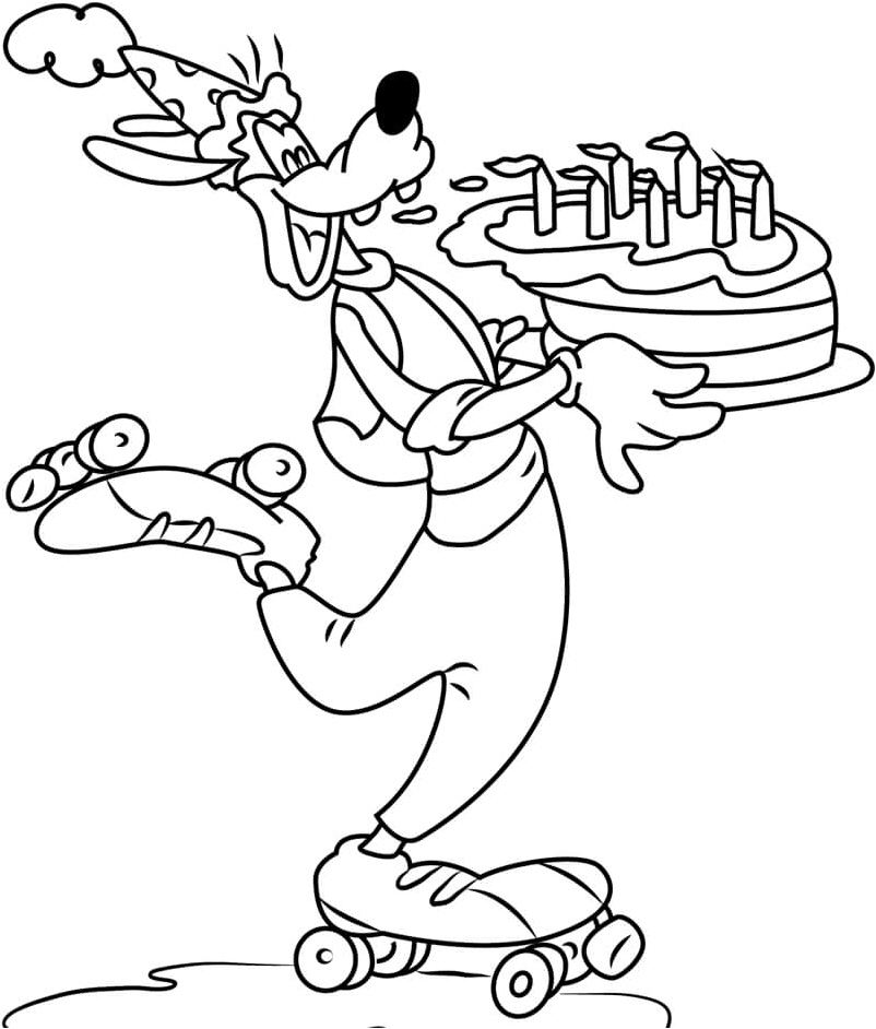 Goofy Holding Birthday Cake And Skating Coloring Page