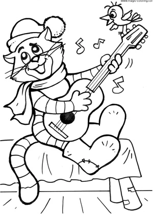 Cat playing the guitar Coloring Page
