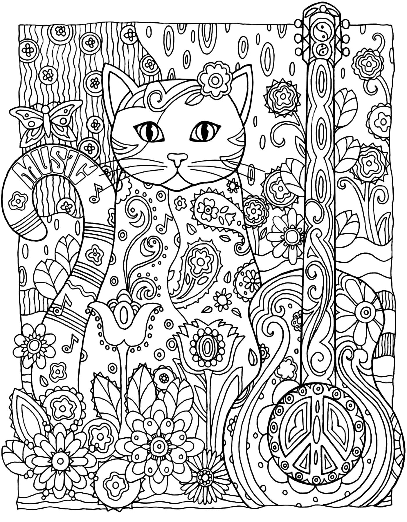 Mandala of a Cat Playing Guitar Coloring Page
