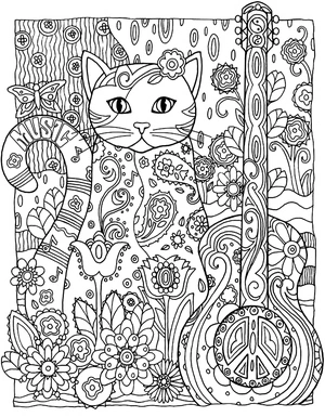 Mandala of a Cat Playing Guitar Coloring Page
