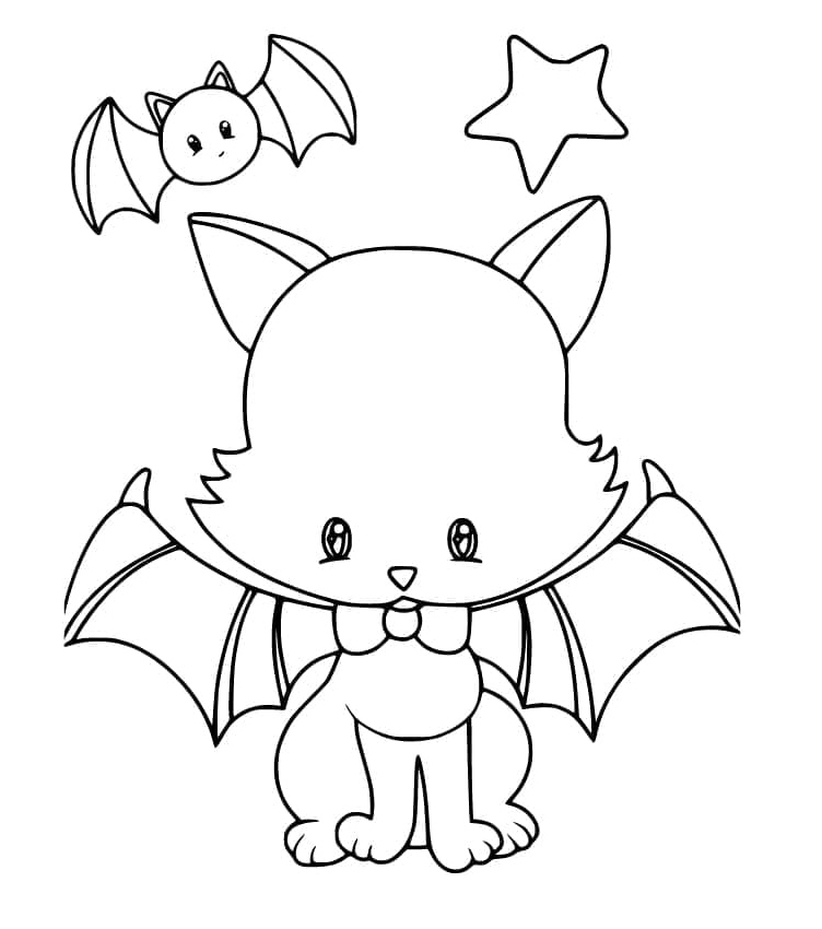 Adorable Halloween Cat and Bat Coloring Page