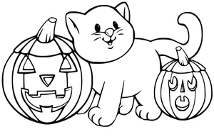 Cat and Pumpkins for Halloween Coloring Page