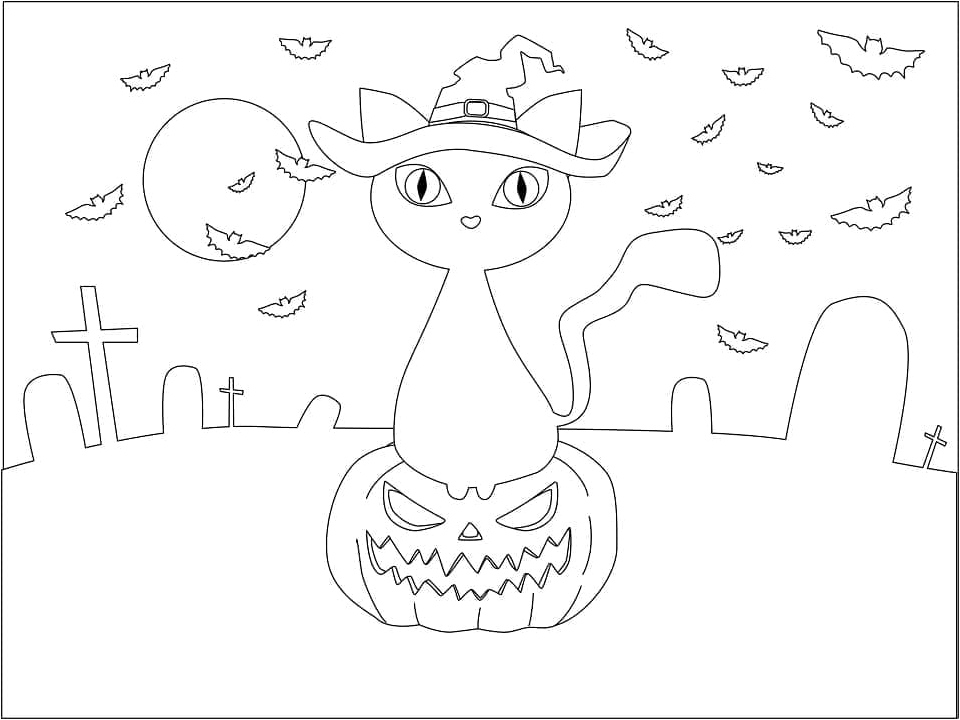 Simple Halloween Kitty Coloring Page