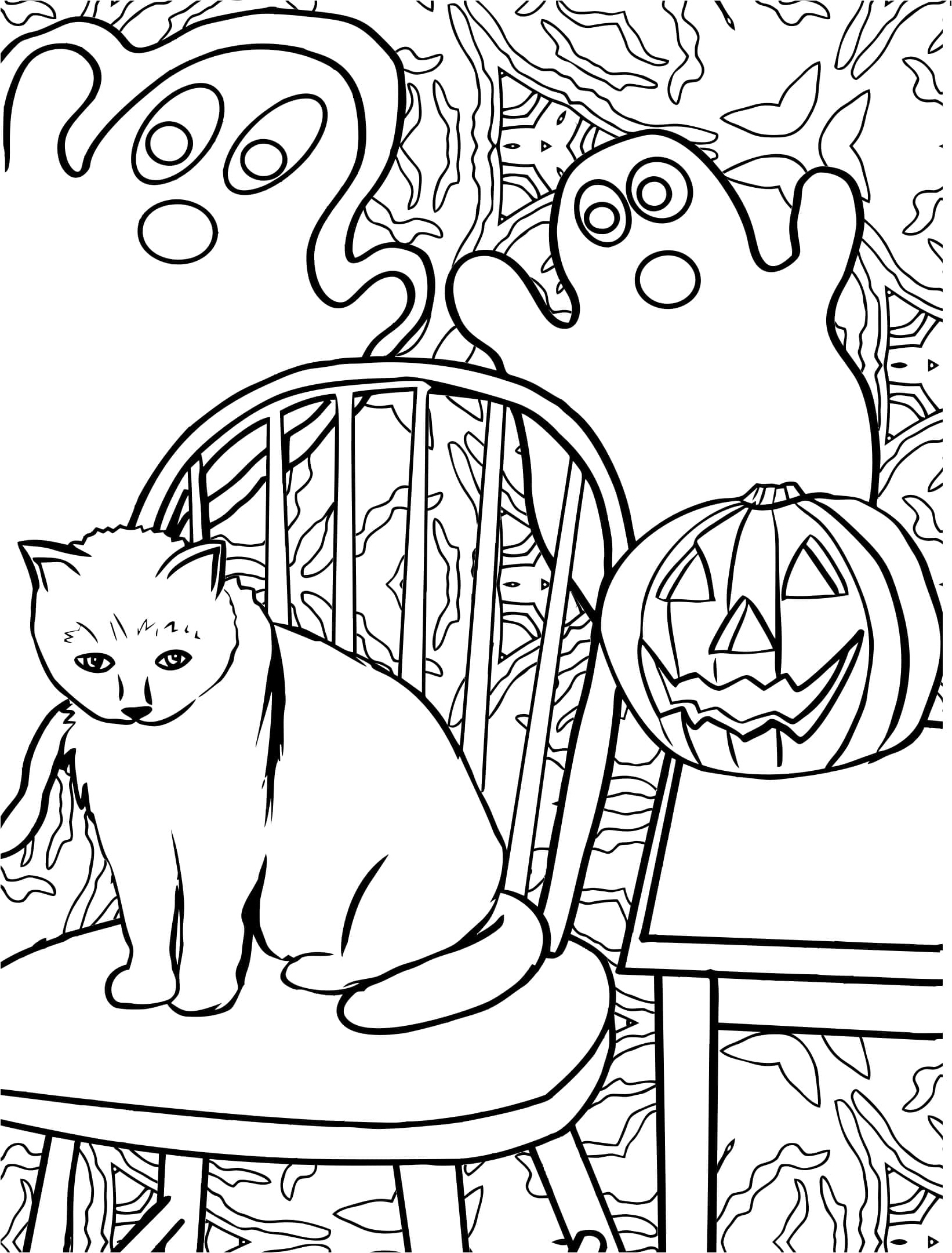 Spooky Cat and Ghosts for Halloween Coloring Page