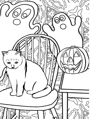 Spooky Cat and Ghosts for Halloween Coloring Page
