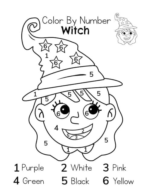 Color by Number page featuring an adorable Halloween witch Coloring Page