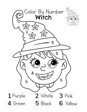 Color by Number page featuring an adorable Halloween witch Coloring Page