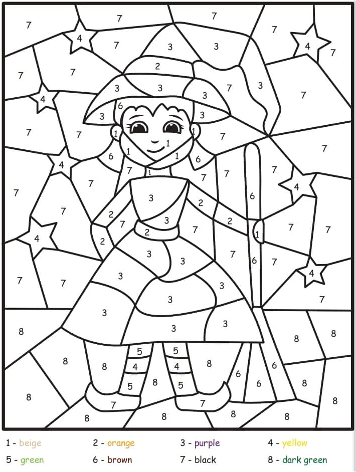 Colorful Halloween Witch Color by Number Coloring Page