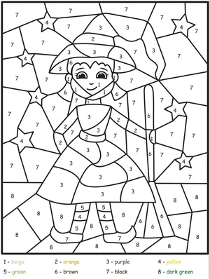Colorful Halloween Witch Color by Number Coloring Page