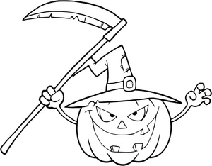 Spooky Halloween Pumpkin with a Scythe Coloring Page