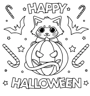 Cat Celebrates Halloween Coloring Page