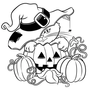 Cat Witch in Pumpkin Coloring Page