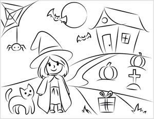 Drawing of a Girl in a Halloween Costume Coloring Page