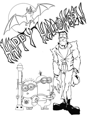 Frankenstein and Minions Halloween Coloring Page